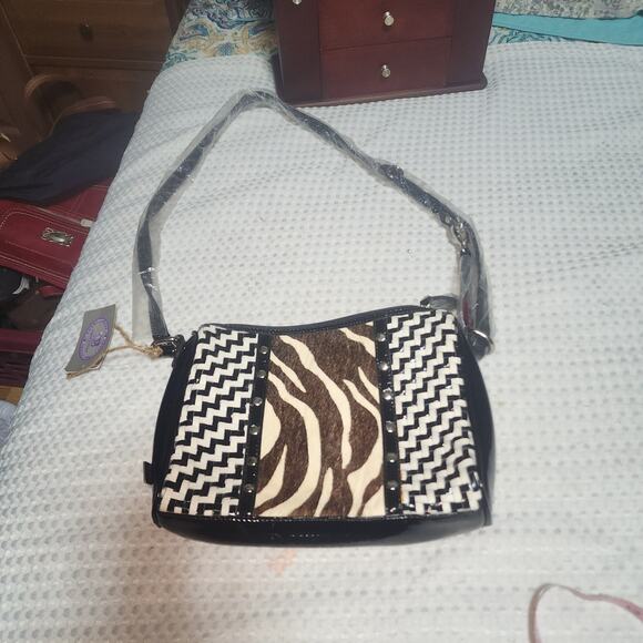 SHARIF NWT ZEBRA BASKET WEAVE CROSSBODY BAG - Picture 1 of 11
